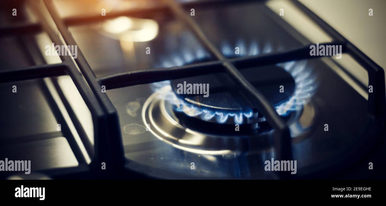 Cucina cucina moderna cucina a gas con fuoco a gas propano. Stufa a gas. Fiamme blu su bruciatore stufa a gas a casa. Foto Stock