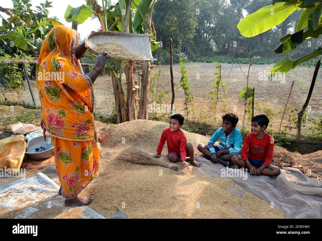 Le donne del villaggio remoto dell'India stanno separando il risone dai loro rivestimenti esterni e insegnano anche ai bambini piccoli come fare questo. Foto Stock