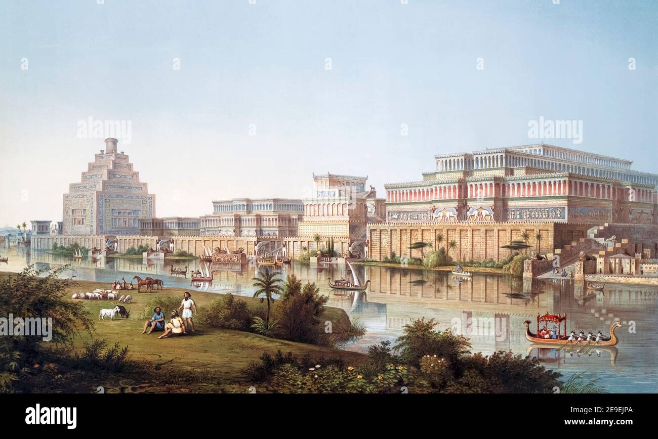 Impressione artistica di Ninive come potrebbe essere apparso al culmine della sua potenza circa 700 - 800 a.C. Dalla seconda serie dei monumenti di Ninive, di Austin Henry Layard, pubblicata a Londra nel 1853. Foto Stock