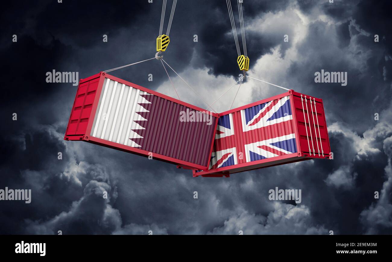 Accordo commerciale per il Regno Unito e il Qatar. Containere di carico in conflitto. Rendering 3D Foto Stock