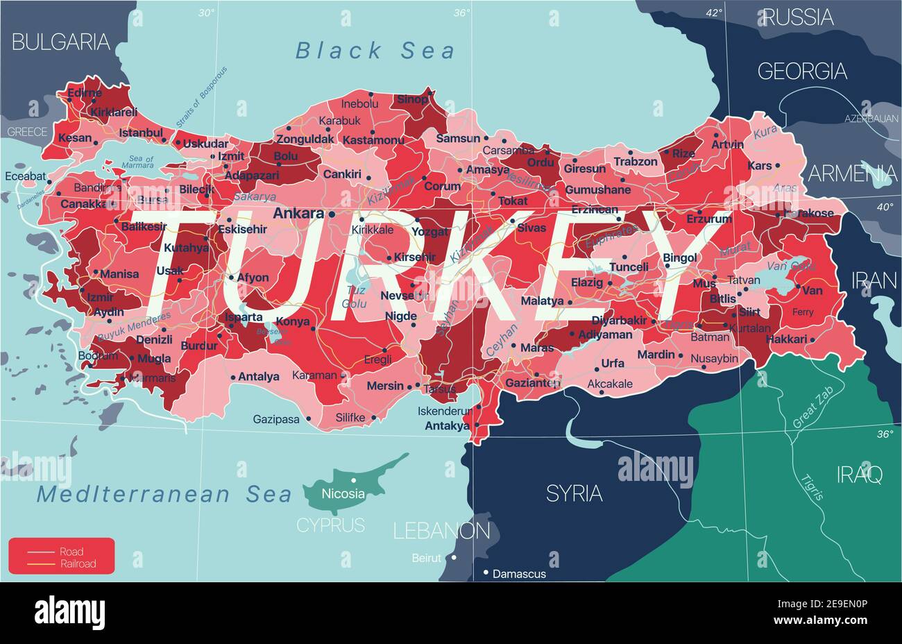 Paese Turchia Mappa dettagliata modificabile con regioni città e città, strade e ferrovie, siti geografici. File vettoriale EPS-10 Illustrazione Vettoriale