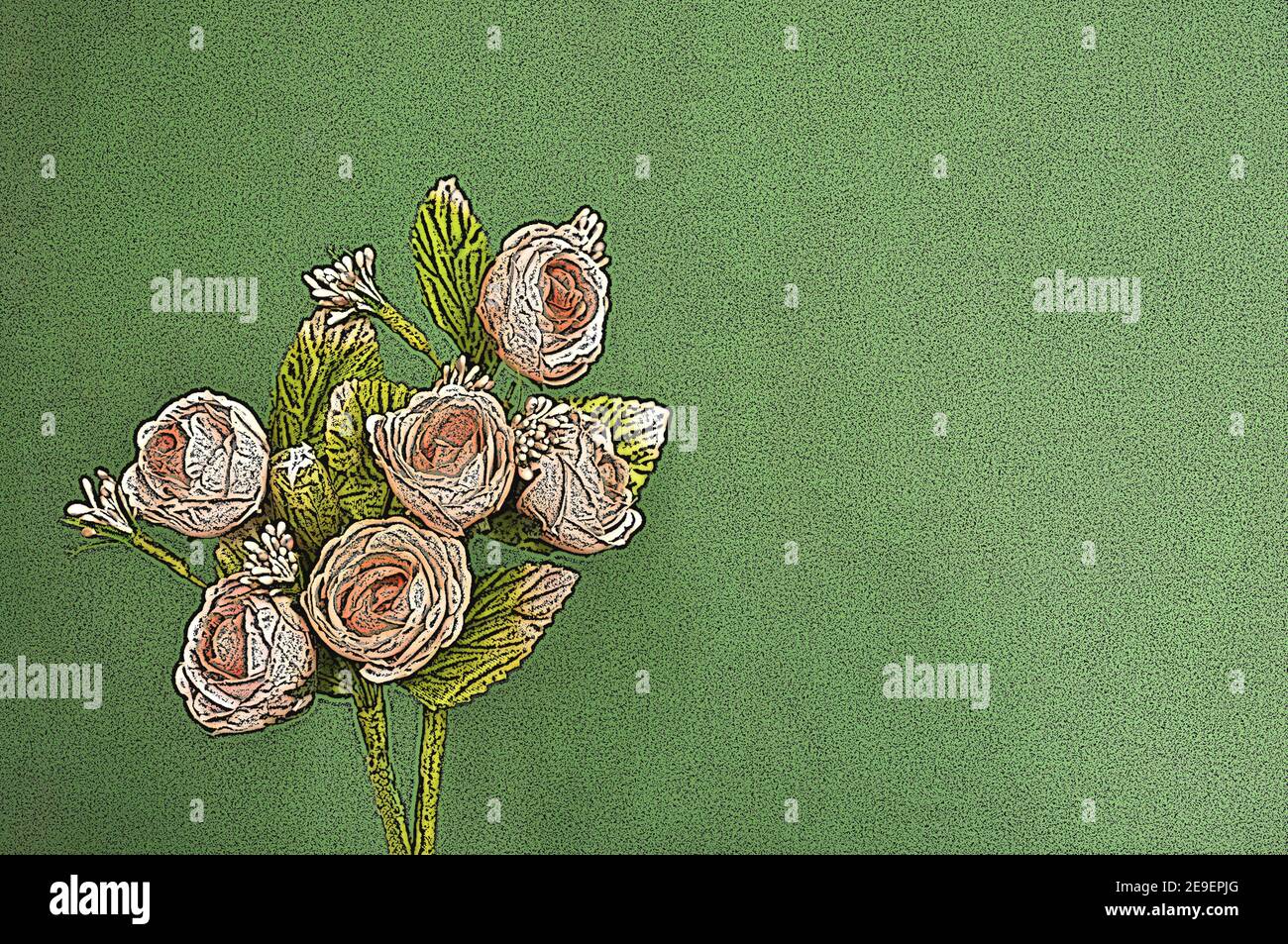 Illustrazione dipinta che rappresenta un bouquet di fiori di rose su verde sfondo con spazio di copia Foto Stock