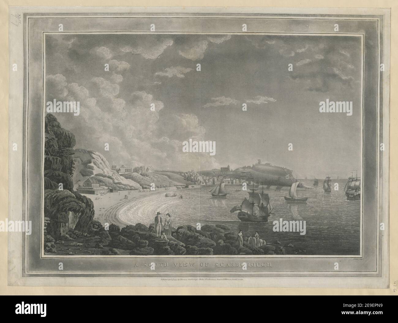 Una VISTA SUD DI SCARBOROUGH autore Walker, John 44.47.g. Luogo di pubblicazione: [London , Scarborough] Editore: Pubblicato il 3 aprile 1797, di J. Hornsey, Scarborough, J. Walker No. 16 Rosomans Street, , R. Wilkinson, Cornhill, Londra., Data di pubblicazione: [1797.] Tipo di articolo: 1 stampa mezzo: Acquaforte e acquatinto dimensioni: Foglio 45.0 x 60.8 cm [rifilato all'interno del platemark] ex proprietario: George III, Re di Gran Bretagna, 1738-1820 Foto Stock