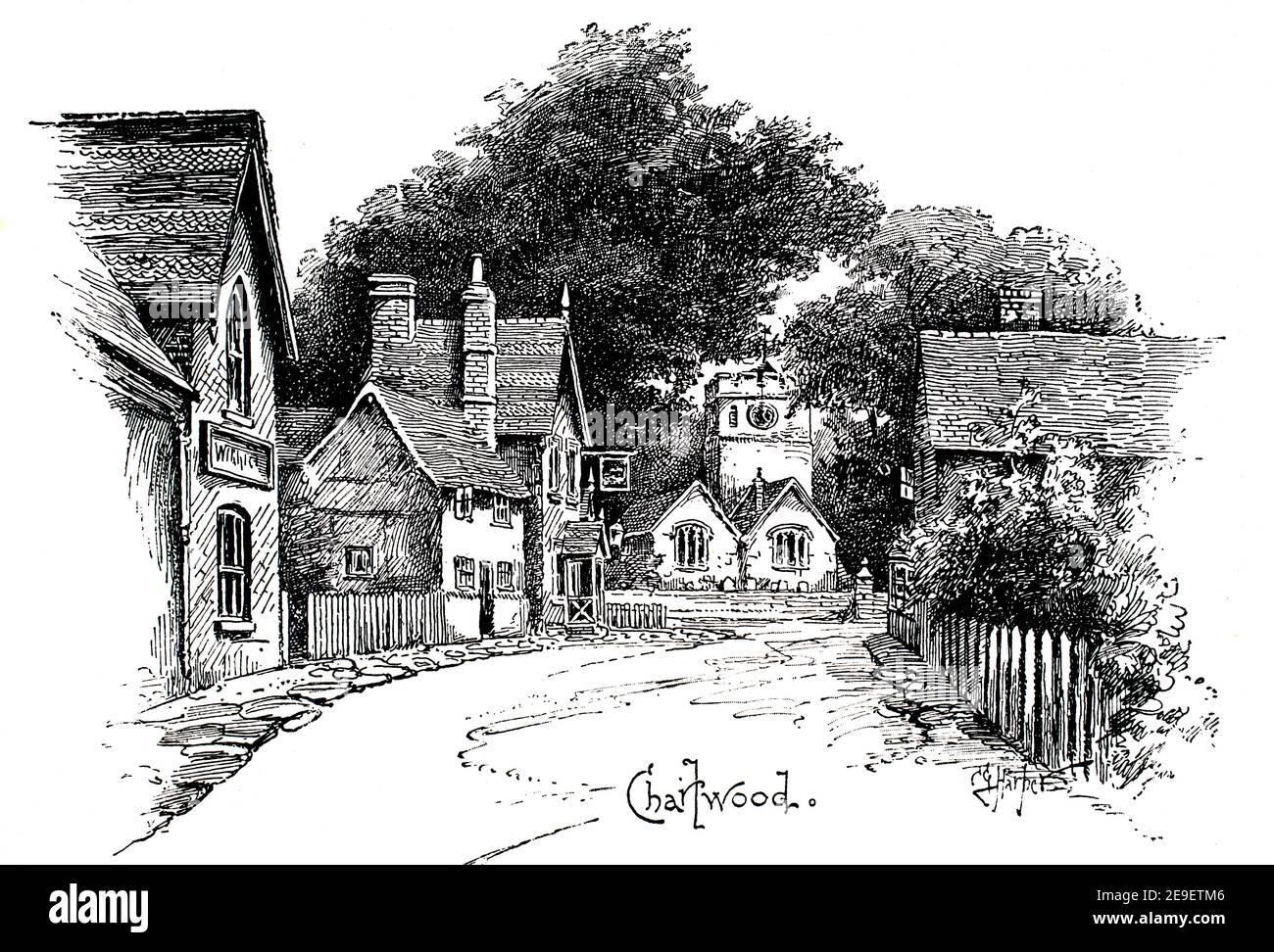 Charlwood Surrey, la Via e Chiesa di San Nicola e Half Moon Pub, penna e inchiostro disegno di Charles George Harper , illustrazione di linea riprodotta da Foto Stock
