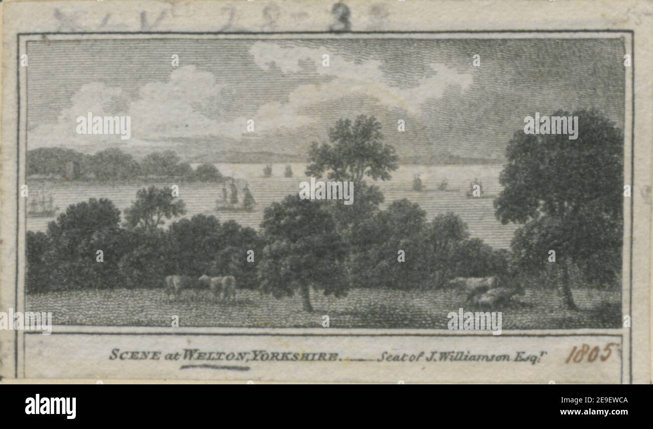 Scena a Welton, Yorkshire. Sede di J. Williamson Esq.r. Informazioni visive: Titolo: Scena a Welton, Yorkshire. - sede di J. Williamson Esq.r. 45.28.3. Luogo di pubblicazione: [London] Editore: [W. Peacock]., Data di pubblicazione: [1805] tipo di articolo: 1 stampa mezzo: Incisione dimensioni: Foglio 3.8 x 6.5 cm [rifilato all'interno del platemark]. Ex proprietario: George III, re di Gran Bretagna, 1738-1820 Foto Stock
