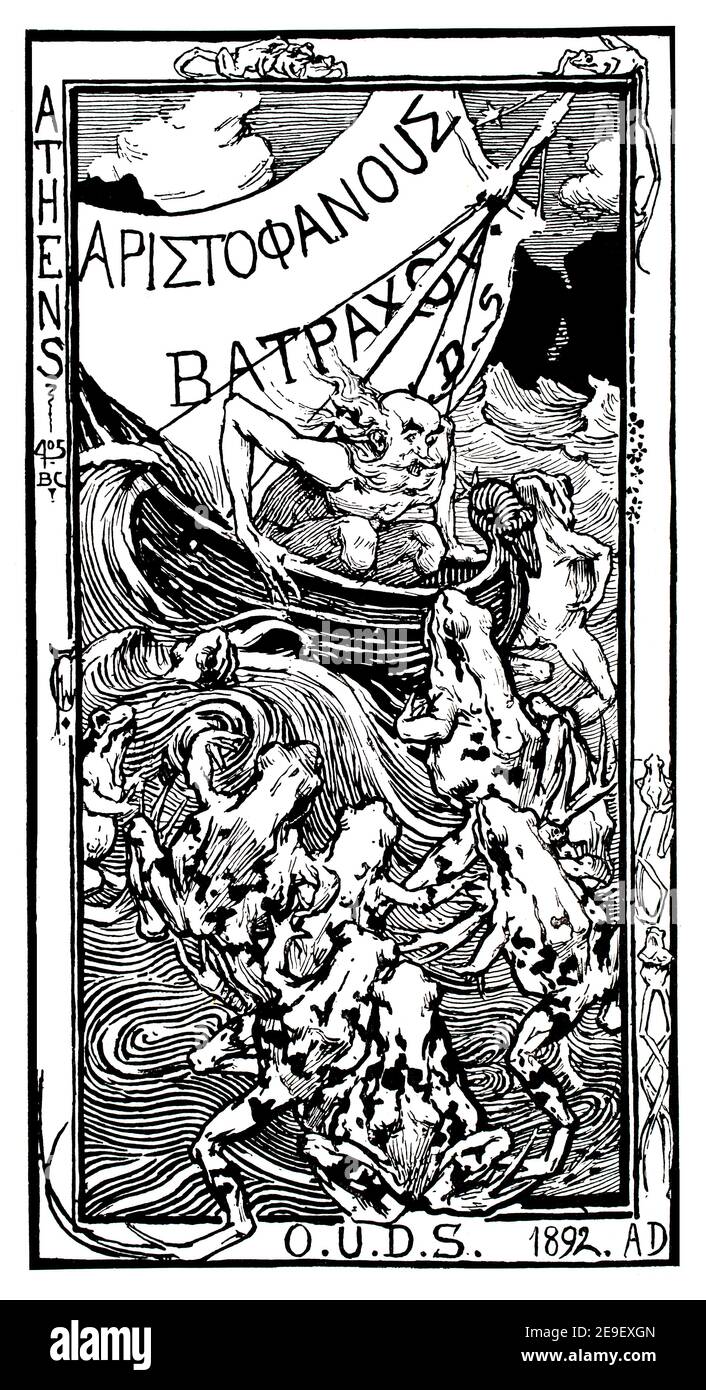 1892 OUDS Lenaia copertina del programma con rane che si avvicinano alla barca, con scritta greca a vela, di Charles Wellington Furse da 1893 Volume Foto Stock
