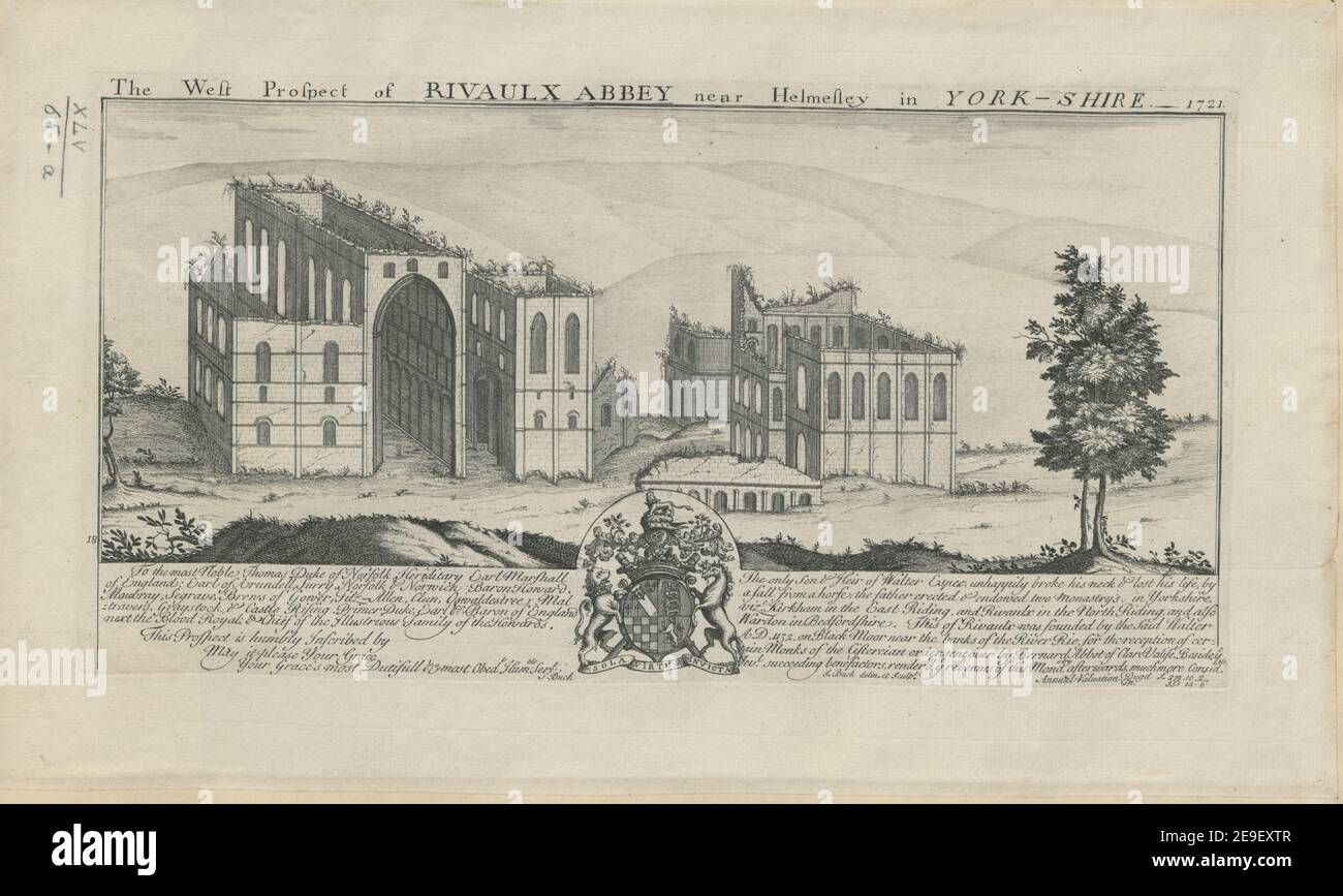 The West Prospect of Rivaulx Abbey near Helmesley in York Shire 1721. Autore Buck, Samuel 45.65.a. Luogo di pubblicazione: [London] Editore: [S. Buck]., Data di pubblicazione: [1721.] Tipo articolo: 1 stampa mezzo: Incisione e incisione dimensioni: Platemark 18.6 x 35.4 cm. Ex proprietario: George III, re di Gran Bretagna, 1738-1820 Foto Stock