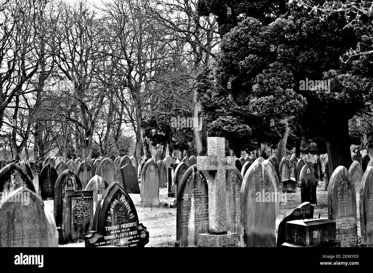 Tombe con monumenti sepolcrali in cimitero in bianco e nero Foto Stock