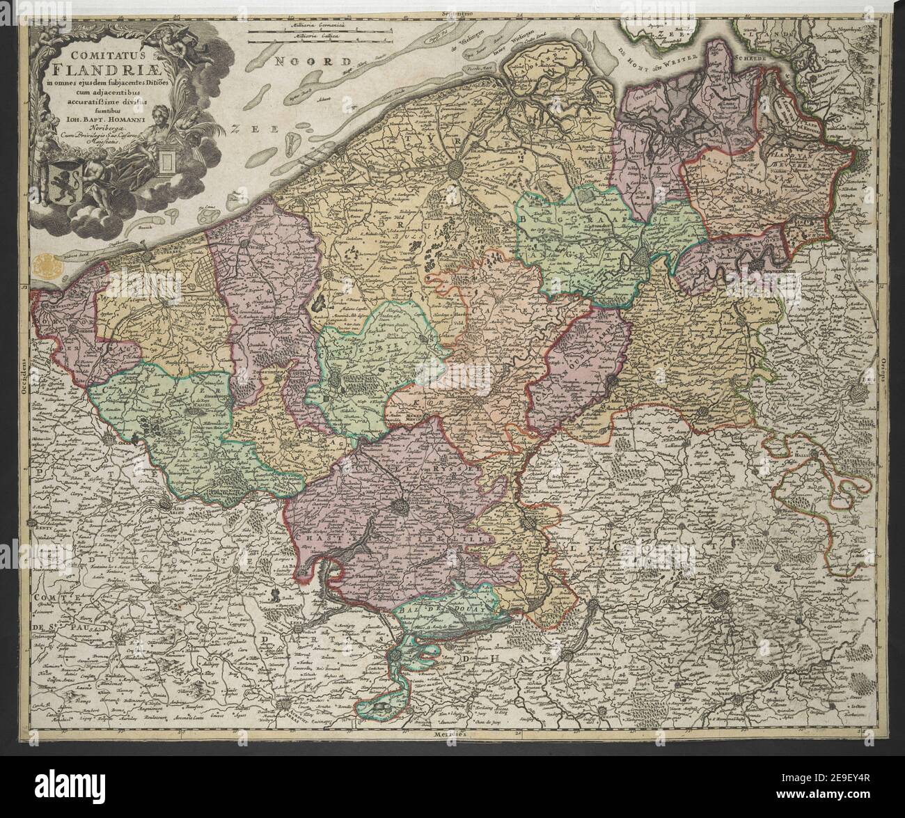 COMITATUS FLANDRI√Ü autore Homann, Johann Baptist 104.22. Luogo di pubblicazione: Noriberg√¶ Editore: Sumtibus IOH. BATTESIMO. HOMANNI, Data di pubblicazione: [Circa 1720?] Tipo di articolo: 1 mappa mezzo: Incisione a mano su copperplate dimensioni: 46.4 x 55.6 cm ex proprietario: Giorgio III, Re di Gran Bretagna, 1738-1820 Foto Stock