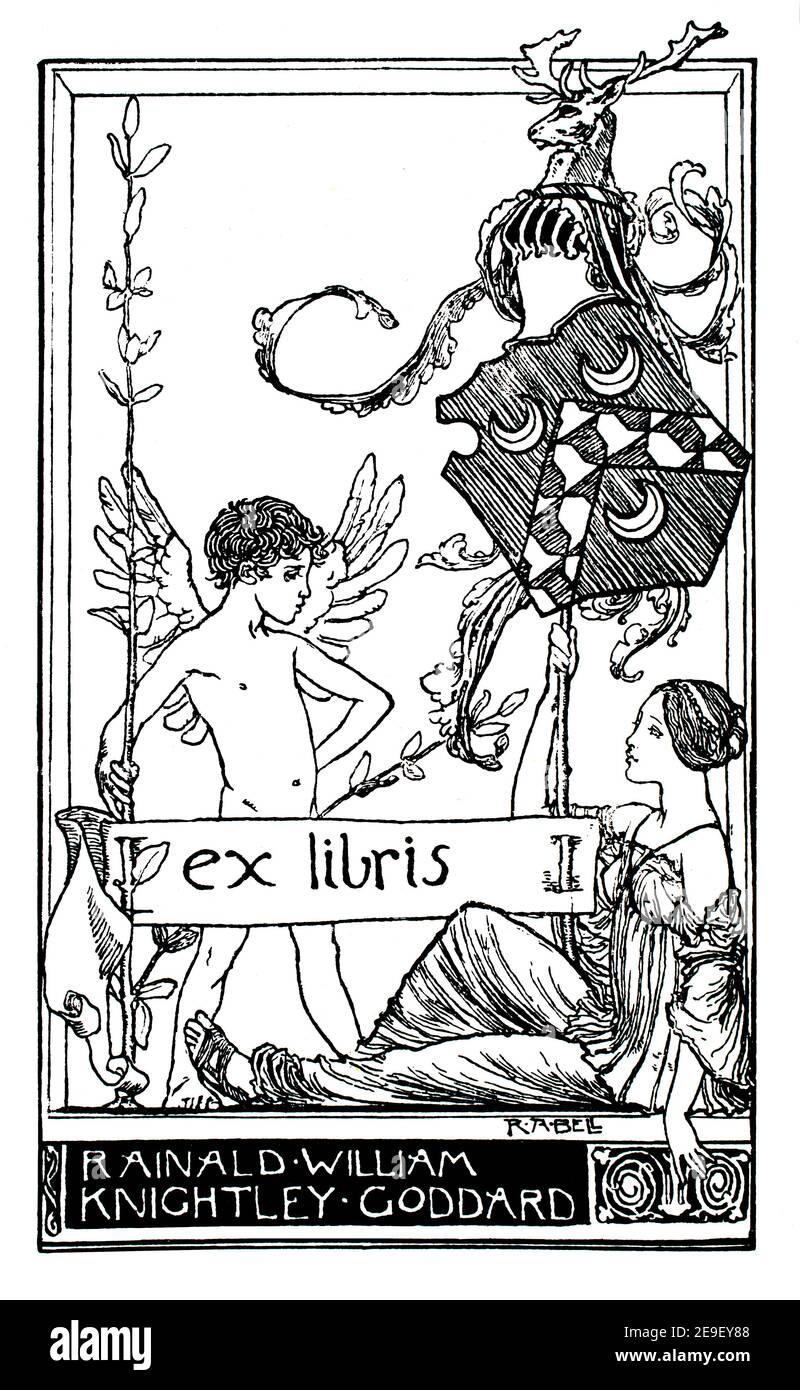 Bookplate per Rainald William Knightsley Goddard, illustrazione di linea di R Anning Bell di Ealing, nel volume iniziale 1893 uno dello Studio An Illustrate Foto Stock