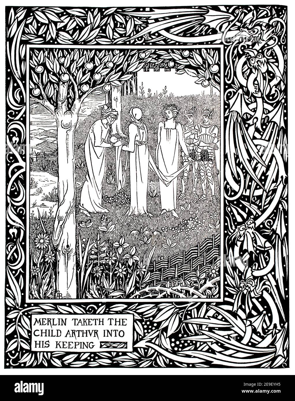 Merlin porta il bambino Arthur nella sua custodia, dalla morte d’Arthur di Thomas Malory del 1892 di Dent & Co, disegnando in linea e in linea il disegno di Aubrey Beard Foto Stock