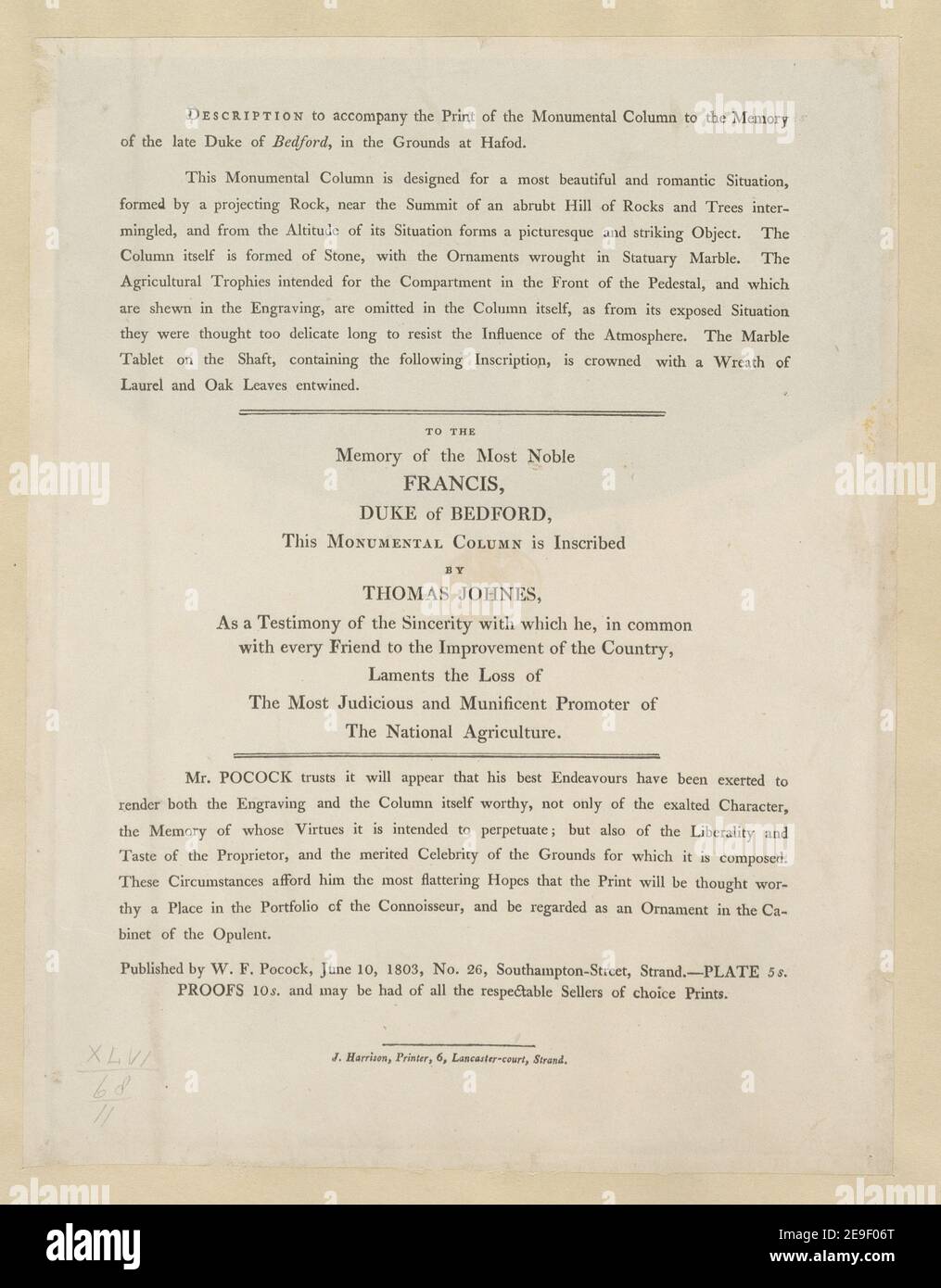 Descrizione per accompagnare la stampa della colonna monumentale alla memoria del tardo duca di Bedford, nei terreni di Hafod. Informazione materiale visivo: Titolo: Descrizione da allegare alla stampa della colonna monumentale alla memoria del compianto Duca di Bedford, nei terreni di Hafod. 46.68.II luogo di pubblicazione: [London] Editore: Pubblicato da W.F. Pokok, 10 giugno 1803, No. 26, Southampton-Street, Strand. - piastra 5s. Prove 10s. E può essere avuto di tutti i venditori rispettabili di stampe a scelta. ; J. Harrison, Printer, 6, Lancaster-Court, Strand., D. Foto Stock