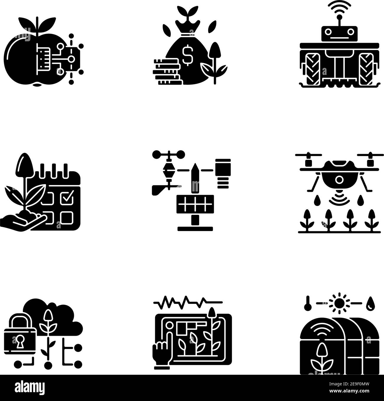 Icone glifo nero Smart Farming impostate sullo spazio bianco Illustrazione Vettoriale