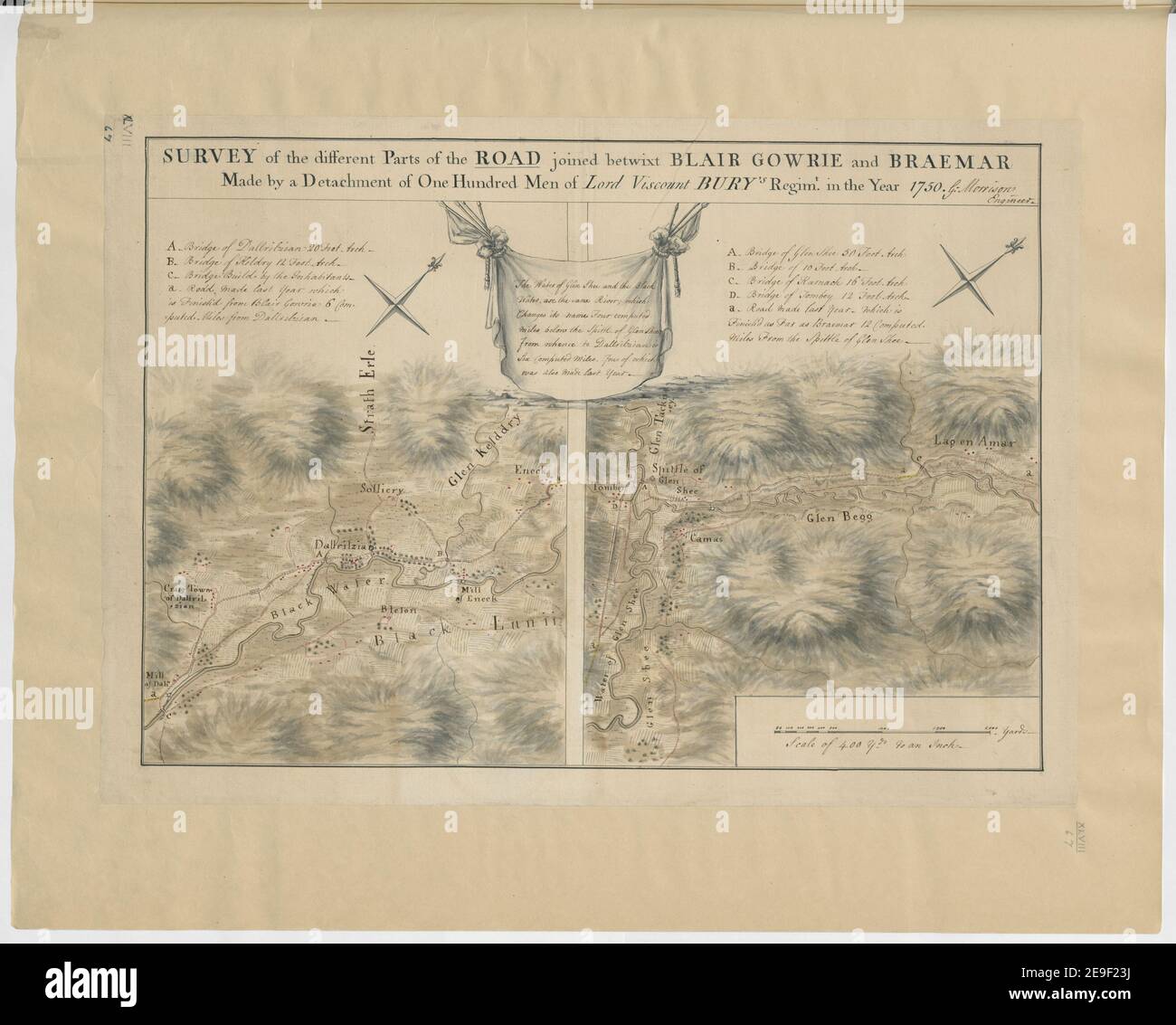 L'INDAGINE delle diverse parti della STRADA si unì tra BLAIR GOWRIE e BRAEMAR fatto da un distacco di cento uomini di Lord Visconte BURY'S Regim.t nell'anno 1750. Autore Morrison, George 48.67. Luogo di pubblicazione: [Scozia] Editore: G. Morrison Engineer, Data di pubblicazione: 1750. Tipo articolo: 2 mappe su 1 foglio mezzo: Penna manoscritta e inchiostro con acquerello dimensioni: Ciascuna 24 x 27 cm, su foglio 41 x 57 cm ex proprietario: George III, Re di Gran Bretagna, 1738-1820 Foto Stock