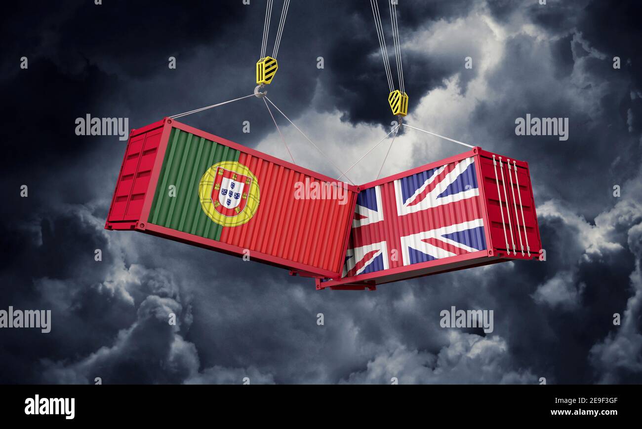 Accordo commerciale tra Regno Unito e Portogallo. Containere di carico in conflitto. Rendering 3D Foto Stock