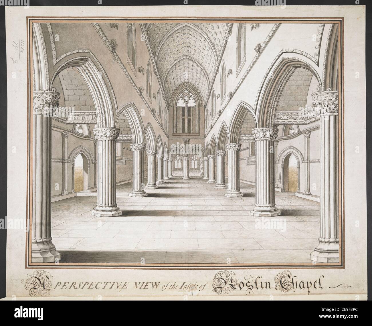 UNA VISTA PROSPETTICA dell'interno della Roslyn Chapel. Autore De la Cour, William 49.79.g. Data di pubblicazione: [Circa 1761] tipo di articolo: 1 disegno mezzo: Penna e inchiostro nero con lavaggio monocromatico e rosa dimensioni: Foglio 43.7 x 54.2 cm ex proprietario: George III, Re di Gran Bretagna, 1738-1820 Foto Stock