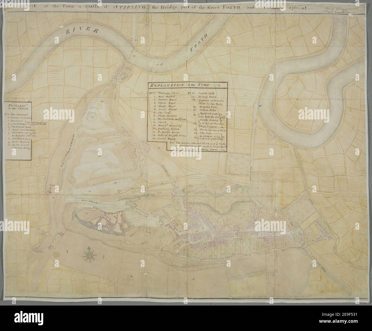 PIANTA della Città & Castello di STIRLING, il Ponte, parte del fiume FORTH e Paese adiacente autore Campbell, Dougall 50.95. Luogo di pubblicazione: [Luogo di produzione non identificato] Editore: Sondaggio d an. 174  Dugal Campbell Engineer, Data di pubblicazione: [1746.] Tipo articolo: 1 mappa su 2 fogli mezzo: Unito e posato su lino, penna manoscritta e inchiostro con acquerello dimensioni: 82 x 106 cm, su foglio 87 x 106 cm ex proprietario: Giorgio III, Re di Gran Bretagna, 1738-1820 Foto Stock