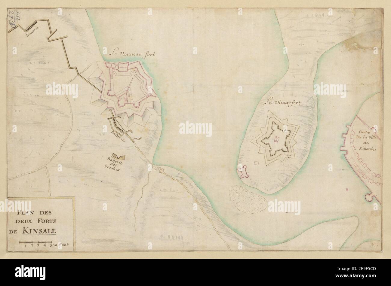 Pianta Des Deux Forts De Kinsale. Informazioni sulla mappa: Titolo: Piano Des Deux Forts De Kinsale. 52.27. Luogo di pubblicazione: [Irlanda], Data di pubblicazione: Circa 1690. Tipo articolo: 1 mappa mezzo: Acquerello con penna e inchiostro su matita dimensioni: 23.2 x 35.7 cm ex proprietario: George III, Re di Gran Bretagna, 1738-1820 Foto Stock