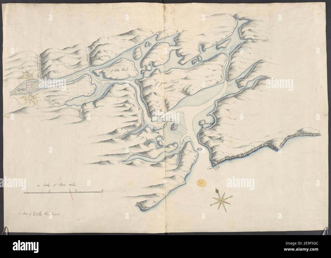 Una mappa di Cork Harbour. Informazioni sulla mappa: Titolo: Mappa del porto di Cork. 52.4. Luogo di pubblicazione: [Irlanda], Data di pubblicazione: Circa 1700. Tipo di articolo: 1 mappa mezzo: Acquerello e penna e inchiostro su matita dimensioni: 71.0 x 48.0 cm ex proprietario: George III, Re di Gran Bretagna, 1738-1820 Foto Stock
