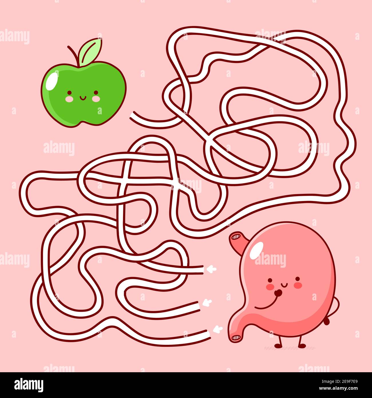 Simpatico labirinto divertente gioco di labirinto. Aiuto stomaco trovare mela. Gioco labirinto per bambini. Icona di illustrazione del carattere kawaii della cartoon vettoriale a linea piatta. Labirinto labirinto concetto di gioco Illustrazione Vettoriale