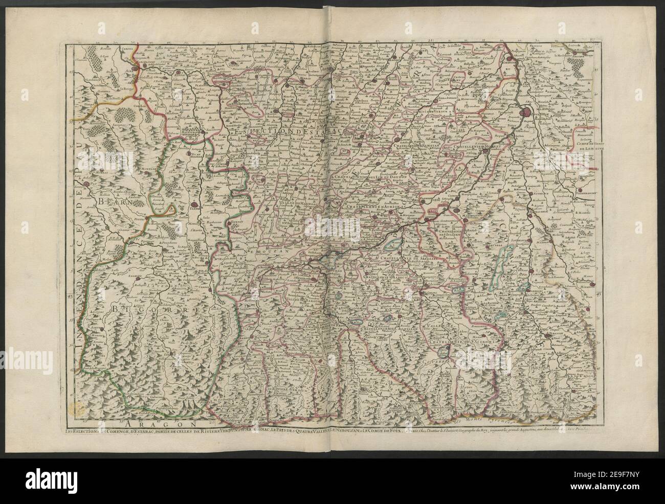 LE ESLECTIONS DE COMENGE, D'ESTARAC, PARTIE DE CELLES DE RIVIERE VERDUN ET D'ARMAGNAC, LE PAYS DES QUATRE VALLEÃÅES, LE NEBOUZAN ET LE COMTEÃÅ DE FOIX. Autore Jaillot, Alexis Hubert 57.13.I. Luogo di pubblicazione: A PARIS Editore: Chez l'AuteÃÇur le Sr. IAILLOT, Geographe du Roy, Joignant les grands Augustins, aux deux Globes. Avec Privilege, Data di pubblicazione: [1717] tipo di articolo: 1 mappa mezzo: Incisione a mano su copperplate dimensioni: 45 x 63.5 cm ex proprietario: George III, Re di Gran Bretagna, 1738-1820 Foto Stock