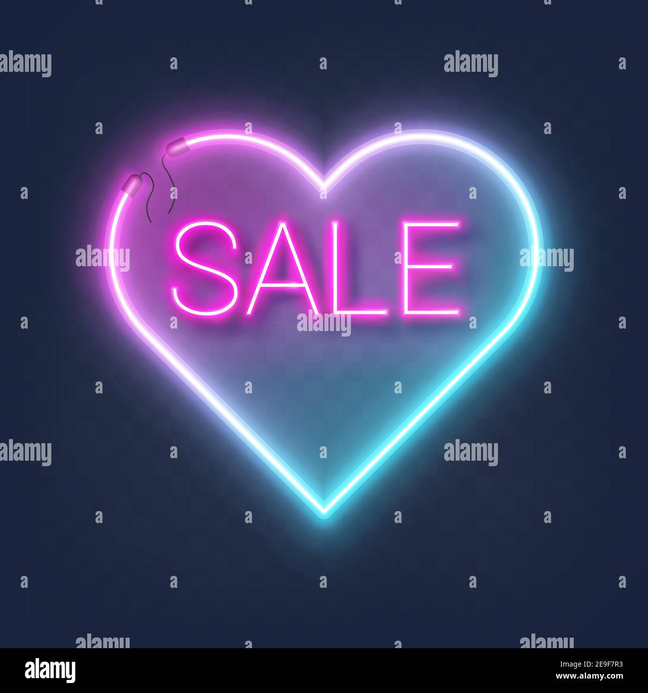 Cornice al neon cuore dalla forma luminosa realistica con cartello di vendita isolato su sfondo trasparente con posto per il testo. Effetto neon brillante e brillante con Illustrazione Vettoriale