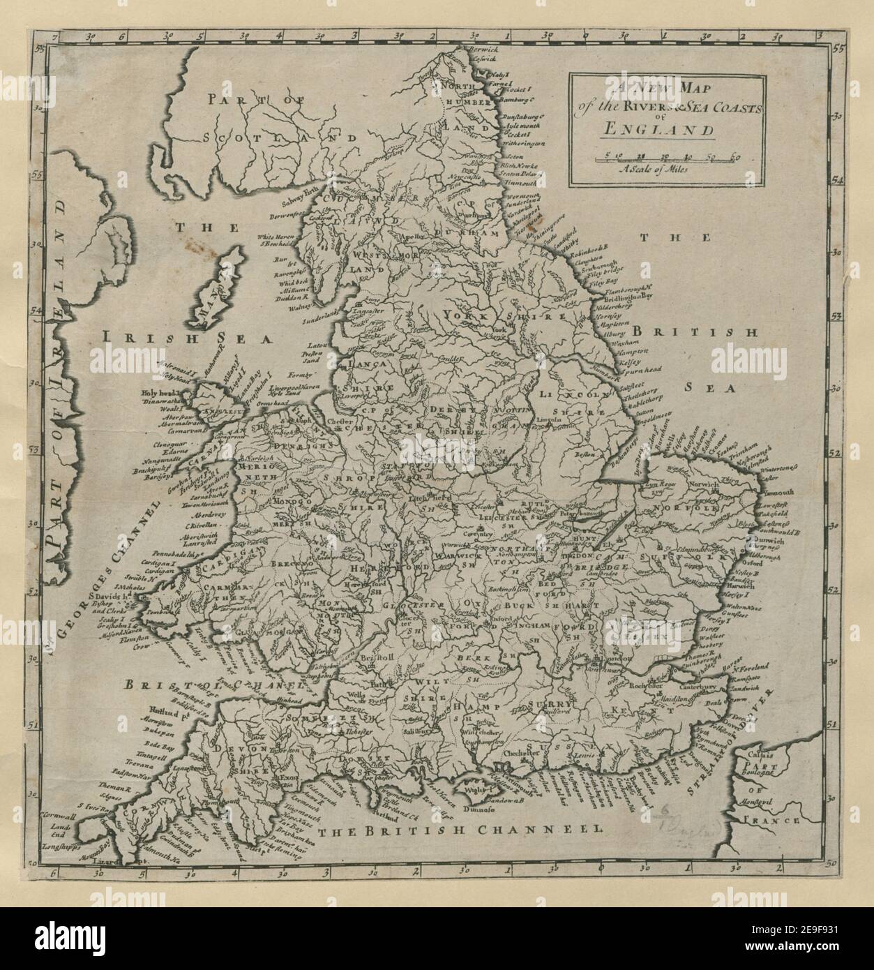 Una nuova mappa dei fiumi e delle coste marine dell'Inghilterra. Informazioni sulla mappa: Titolo: Una nuova mappa dei fiumi e delle coste marine dell'Inghilterra. 6.1. Ex proprietario: Giorgio III, re di Gran Bretagna, 1738-1820 Foto Stock