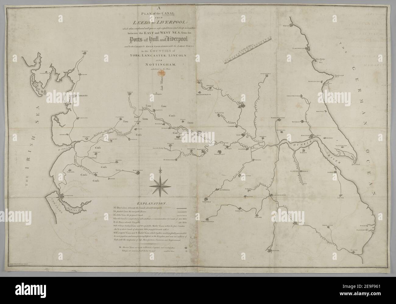 Un piano del canale da Leeds a Liverpool, che una volta compleated aprirà una navigazione sicura, rapida e a buon mercato tra il mare Est e Ovest, dai porti di Hull e Liverpool ... John Hustler, junr. Delt informazioni sulla mappa: Titolo: Un piano del canale da Leeds a Liverpool, che una volta compleated aprirà una navigazione sicura, rapida ed economica tra il mare orientale e occidentale, dai porti di Hull e Liverpool ... John Hustler, delt. Jun. Una scala di miglia, 20[ = 135 mm.]. (Una spiegazione del piano del canale, da Leeds a Liverpool ... stampato da George Nicholson, Bradford, 1 Foto Stock