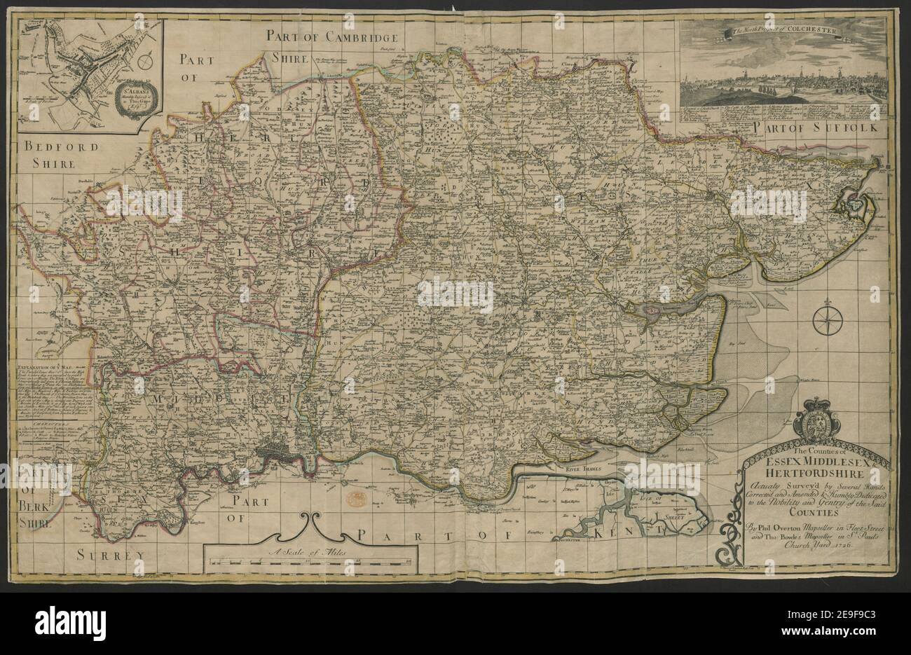 Le contee di Essex Middlesex & Hertfordshire informazioni sulla mappa: Titolo: Le contee di Essex Middlesex , Hertfordshire ; 6.69. Luogo di pubblicazione: [London] Editore: Di Phil. Overton Mapseller in Fleet Street e Tho. Bowles Mapseller in St Pauls Church Yard, Data di pubblicazione: 1726. Tipo di articolo: 1 mappa mezzo: Incisione su copperplate dimensioni: 51.6 x 91.8 cm ex proprietario: Giorgio III, Re di Gran Bretagna, 1738-1820 Foto Stock