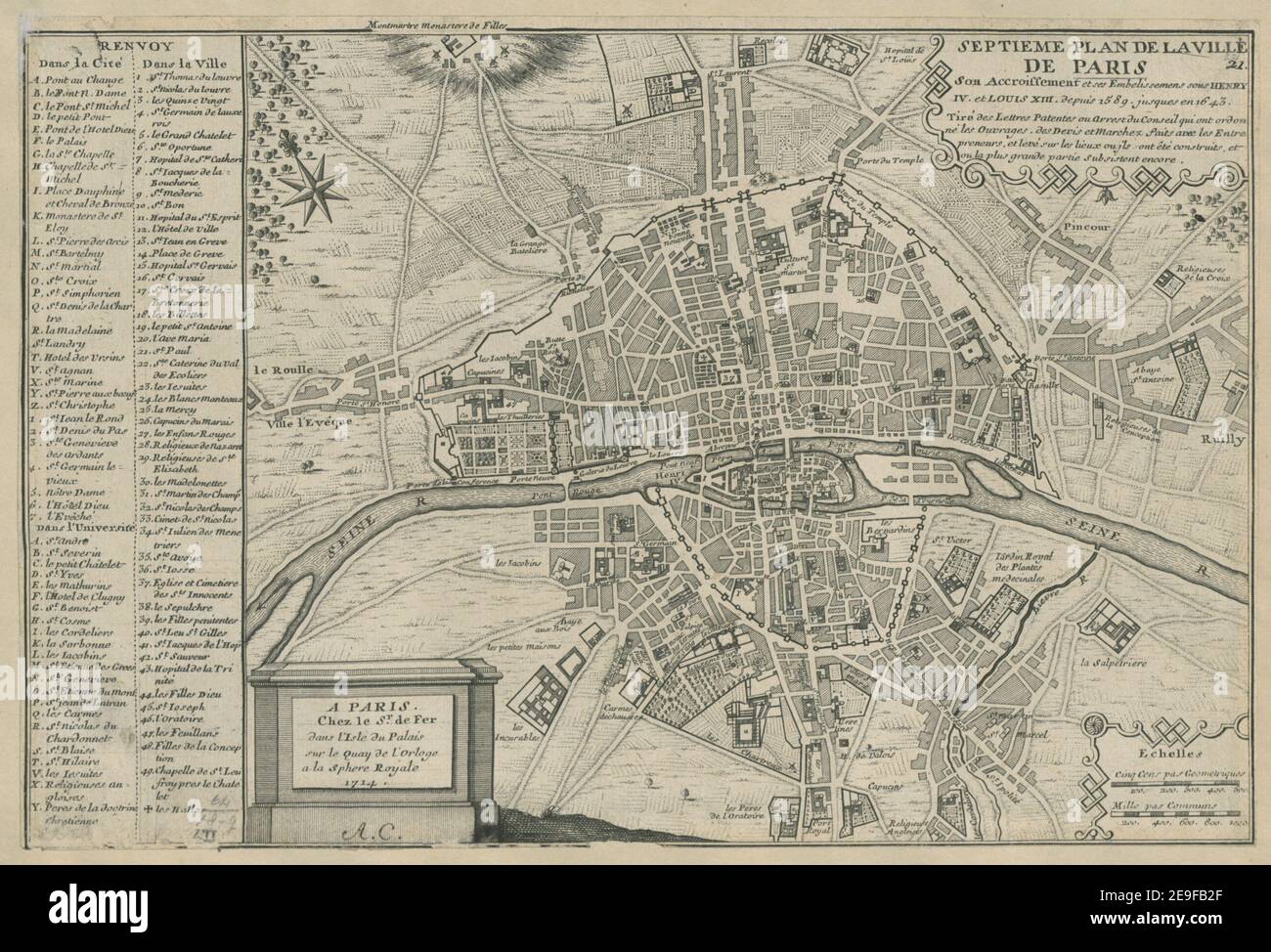 SEPTIEÃÇME PLAN DE LA VILLE DE PARIS, Son Acroissement et ses Embelissemens sous Henri IIII. Et Louis XIII depuis 1589. Jusqu'en 1643 autore Fer, Nicolas de 64.18.g.2. Luogo di pubblicazione: A PARIS Editore: Chez le Sr. De Fer dans l'Isle du Palais sur le Quay de l'Orloge a la Sphere Royalle, Data di pubblicazione: 1714. Tipo articolo: 1 mappa supporto: Incisione su copperplate dimensioni: 21.8 x 32.2 cm + supporti aggiuntivi: Testo esplicativo e riga di pubblicazione su foglio separato (stampato, 16 x 22.7 cm) ex proprietario: George III, Re di Gran Bretagna, 1738-1820 Foto Stock