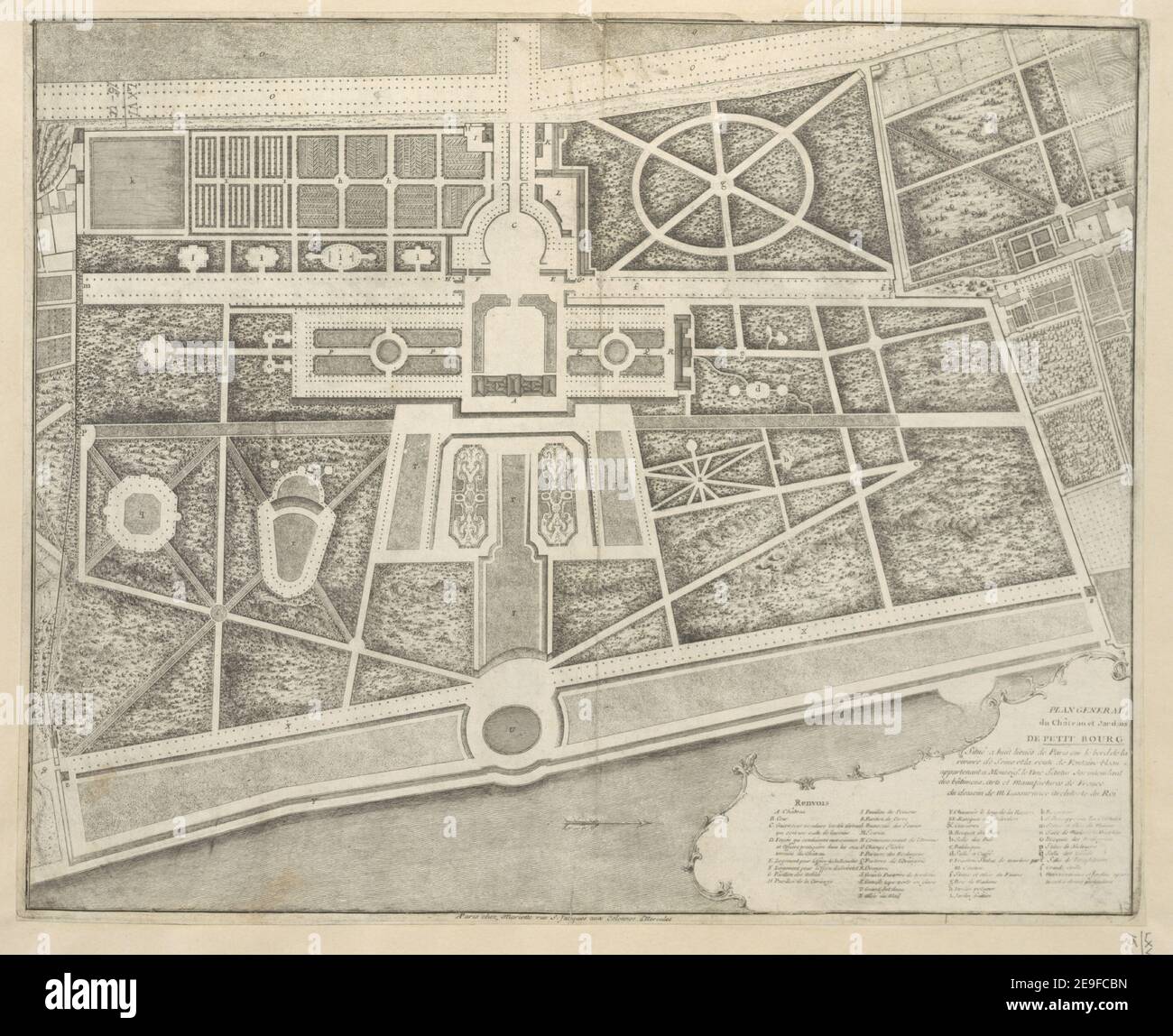 PIANO GENERALE du ChaÃÇteau et Jardins DE PETIT BOURG. Informazioni sulla mappa: Titolo: PIANO GENERALE du ChaÃÇteau et Jardins DE PETIT BOURG. 66.15.a. Luogo di pubblicazione: AParis Editore: chez Mariette rue S. Jacques aux Colonnes d'Hercules, Data di pubblicazione: [Tra il 1716 e il 1736] tipo di articolo: 1 mappa supporto: Incisione su copperplate dimensioni: 37.8 x 47 cm ex proprietario: Giorgio III, Re di Gran Bretagna, 1738-1820 Foto Stock