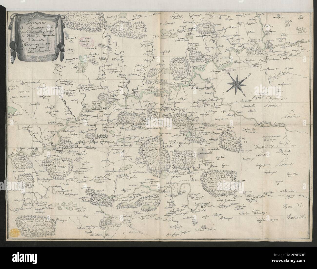 Description du Gouuernement, de Thionville, ComteÃÅ de Roussij, Seigneurie de Rodem√¶k, d'Hespranges, avec les Pays qui y aboutissent. Informazioni sulla mappa: Titolo: Descrizione Du Gouuernement, de Thionville, ComteÃÅ de Roussij, Seigneurie de Rodem√¶k, d'Hespranges, avec les Pays qui y aboutissent. 67.57. Luogo di pubblicazione: [Thionville] Editore: [Produttore non identificato]., Data di pubblicazione: [1700 c.] Tipo di articolo: 1 mappa mezzo: Penna e inchiostro dimensioni: 45.4 x 59.7 cm ex proprietario: George III, Re di Gran Bretagna, 1738-1820 Foto Stock