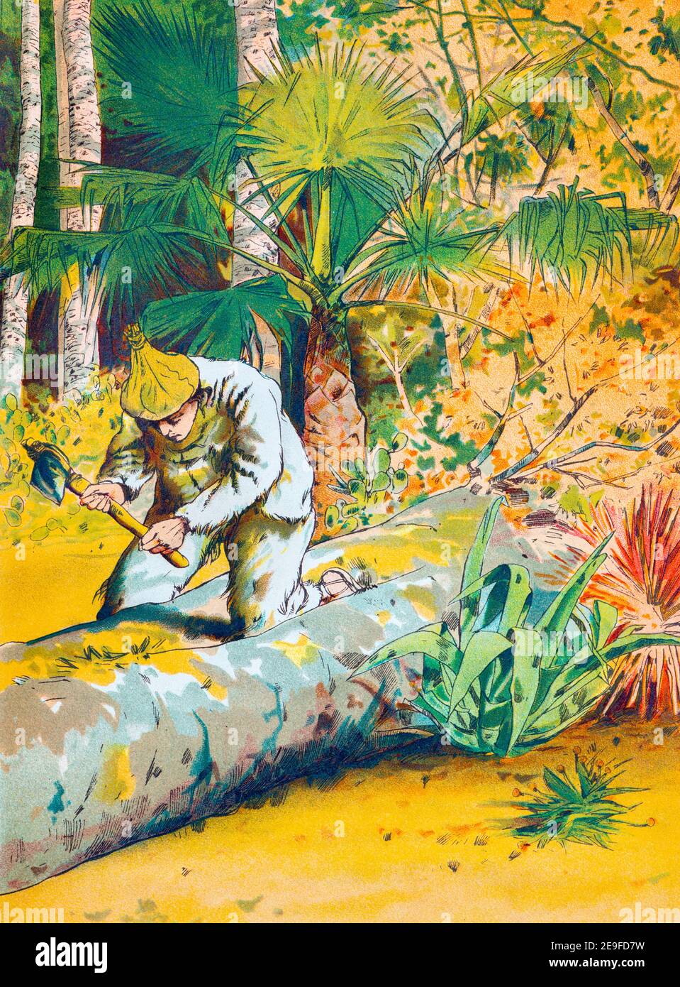 Robinson costruisce una barca da un tronco di albero per lasciare la sua isola, Robinson Crusoe, adottato da J. Lohmeyer, acquerelli da Carl Marr, Lipsia circa 1890 Foto Stock