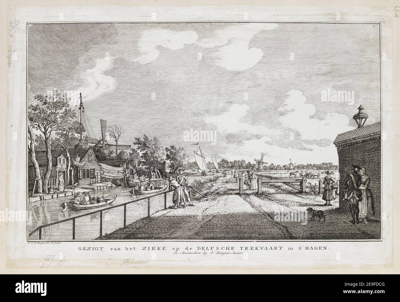 GEZICHT van het ZIEKE op de DELFSCHE TREKVAART in S' HAGEN. Autore Fargue, Paulus Constantin la 107.45.b. Luogo di pubblicazione: Te Amsterdam Editore: Di P. Fouquet Junior, Data di pubblicazione: [1764] tipo di articolo: 1 stampa mezzo: Incisione e incisione dimensioni: Platemark 26.5 x 39.5 cm, su foglio 28.5 x 42 cm ex proprietario: Giorgio III, Re di Gran Bretagna, 1738-1820 Foto Stock
