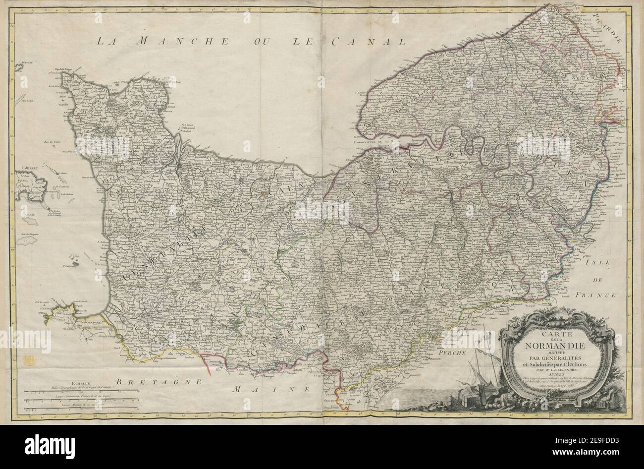 Carte de la Normandie autore Legendre, L. F. 68.29. Luogo di pubblicazione: A Paris Editore: Chez LattreÃÅ Graveur ordinaire du Roi de M. le Duc d'Orleans et de la Ville, rue S. Jacques a la Ville de Bordeaux. Avec PrivileÃÅge du Roy., Data di pubblicazione: 1785. Tipo di articolo: 1 mappa mezzo: Incisione su copperplate dimensioni: 61.6 x 95.0 cm ex proprietario: Giorgio III, Re di Gran Bretagna, 1738-1820 Foto Stock