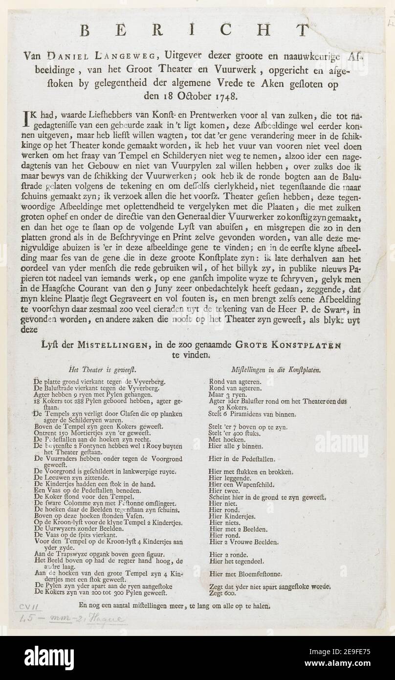Het THEATRE opde getrossen VREEDE van den jaare 1748, in de Hoff Vyver van s' Gravenhage Oppereeht, en Geillumineerl den 11 juny 1749 dus vertoont autore Besoet, I. V. 107.45.mm.1-2. Luogo di pubblicazione: [L'Aia] Editore: D. Langeweg excud., Data di pubblicazione: [1749] tipo di articolo: 1 Stampa mezzo: Incisione dimensioni: Platemark 50.3 x 71.2 cm, su foglio 53.7 x 76 cm ex proprietario: Giorgio III, Re di Gran Bretagna, 1738-1820 Foto Stock