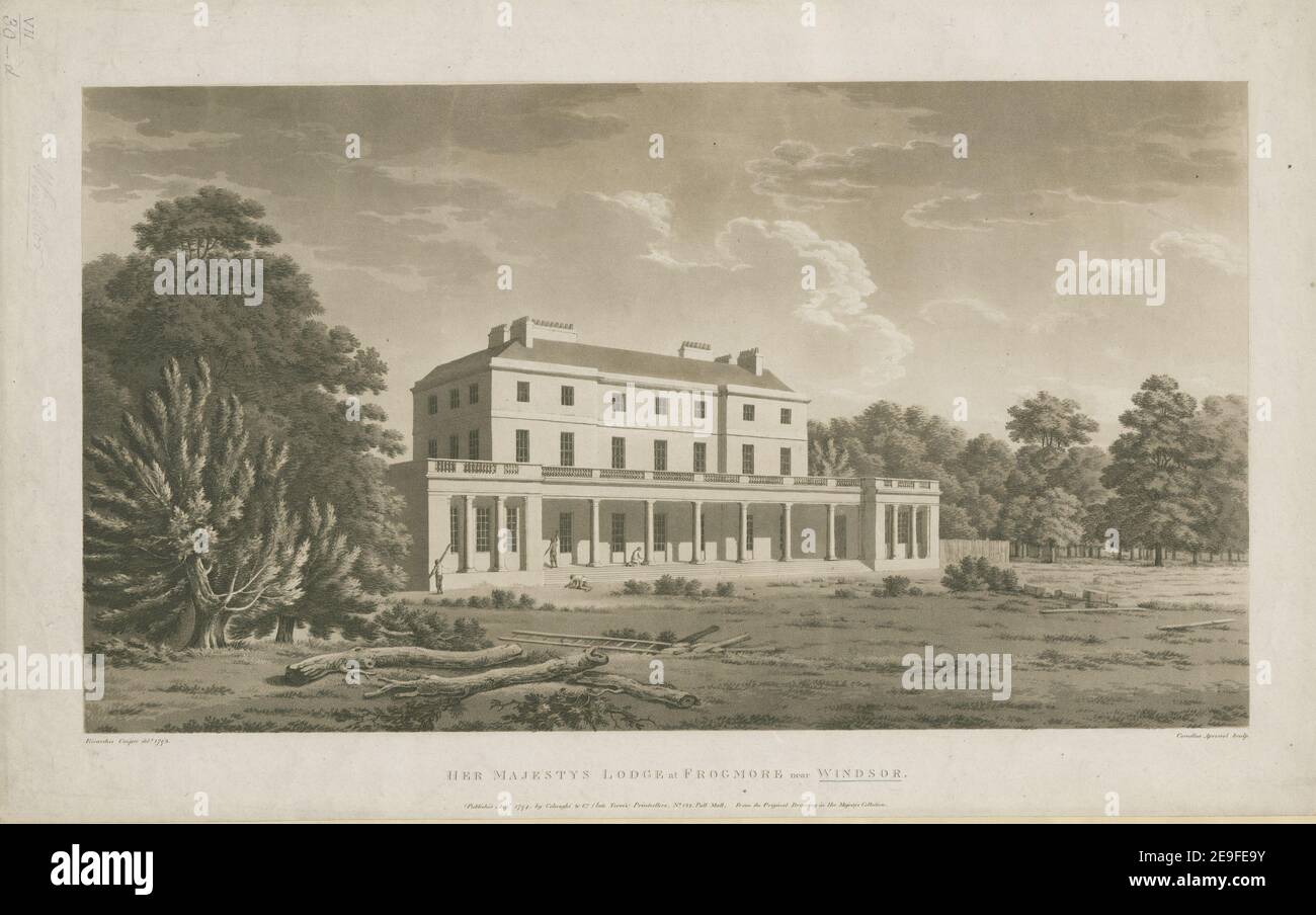 HER MAJESTYS LODGE a FROGMORE vicino A WINDSOR. Autore Apostool, Cornelis 7.39.d. Luogo di pubblicazione: [London] Editore: Pubblicato agosto 1794. Da Colnaghi , Co. (Tardo Torre) Printsellers, n° 132. Centro commerciale Pall. Dal disegno originale nella collezione di sua Maestà. , Data di pubblicazione: [1794.] Tipo di articolo: 1 stampa mezzo: Acquaforte e acquatinto ex proprietario: George III, Re di Gran Bretagna, 1738-1820 Foto Stock