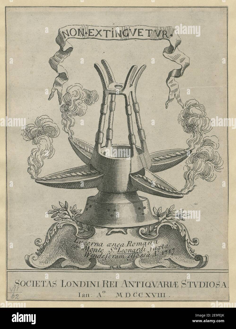 SOCIETAS LONDINI REI ANTIQUARIAE STUDIOSA. Informazioni visive: Titolo: SOCIETAS LONDINI REI ANTIQUARIAE STUDIOSA. 7.62. Luogo di pubblicazione: 1718 tipo di oggetto: 1 stampa mezzo: Incisione dimensioni: Foglio 22.5 x 17.1 cm (tagliato all'interno del platemark) ex proprietario: George III, Re di Gran Bretagna, 1738-1820 Foto Stock