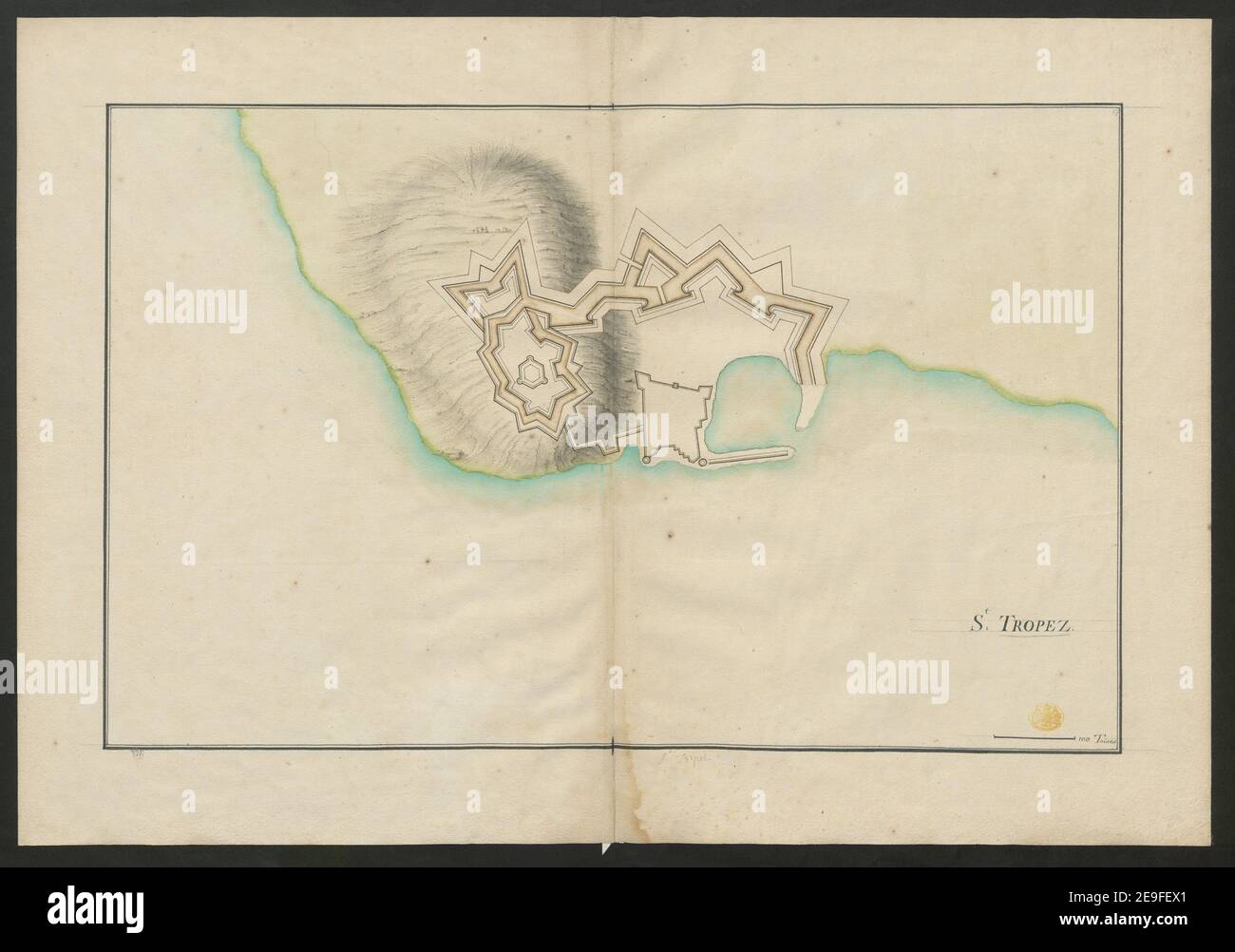 S.T Tropez. Informazioni sulla mappa: Titolo: S.T Tropez. 70.52. Luogo di pubblicazione: [Francia] Editore: [Produttore sconosciuto] Data di pubblicazione: [1680 c.] Tipo di articolo: 1 mappa mezzo: Penna e inchiostro con lavaggio colorato dimensioni: 39.0 x 62.0 cm ex proprietario: George III, Re di Gran Bretagna, 1738-1820 Foto Stock