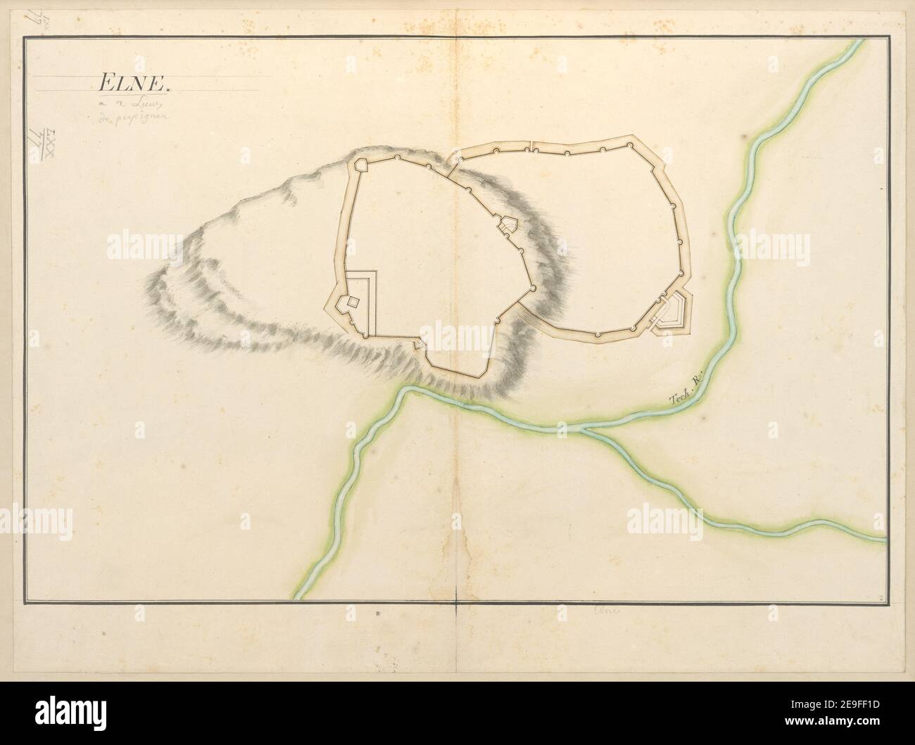 Elne. Informazioni sulla mappa: Titolo: Elne. 70.77. Luogo di pubblicazione: [Francia] Editore: [Produttore sconosciuto]., Data di pubblicazione: [1650 c.] Tipo di articolo: 1 mappa mezzo: Penna e inchiostro con lavaggio colorato dimensioni: 38.1 x 58.4 cm ex proprietario: George III, Re di Gran Bretagna, 1738-1820 Foto Stock