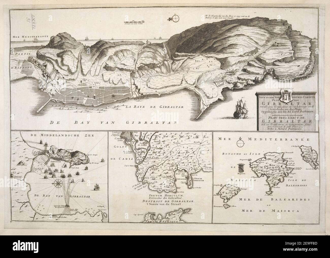 NIEW EN SEER NAW KEURIC CORECTE PLAN VAN GIBILTERRA met alle syne Fortificatiens en Verbeteringe en de Nittigheeden van dien Plaats. Oppedragen aen den ed Lord Portmore. = PIANO TRES EXACT DE GIBILTERRA et de ses Fort autore Leth, Andries de 72.31. Luogo di pubblicazione: [Amsterdam?] Editore: [Di Andries en H. de Let?] Data di pubblicazione: [Circa 1730?] Tipo di articolo: 1 mappa dimensioni: 39 x 57 cm ex proprietario: Giorgio III, Re di Gran Bretagna, 1738-1820 Foto Stock