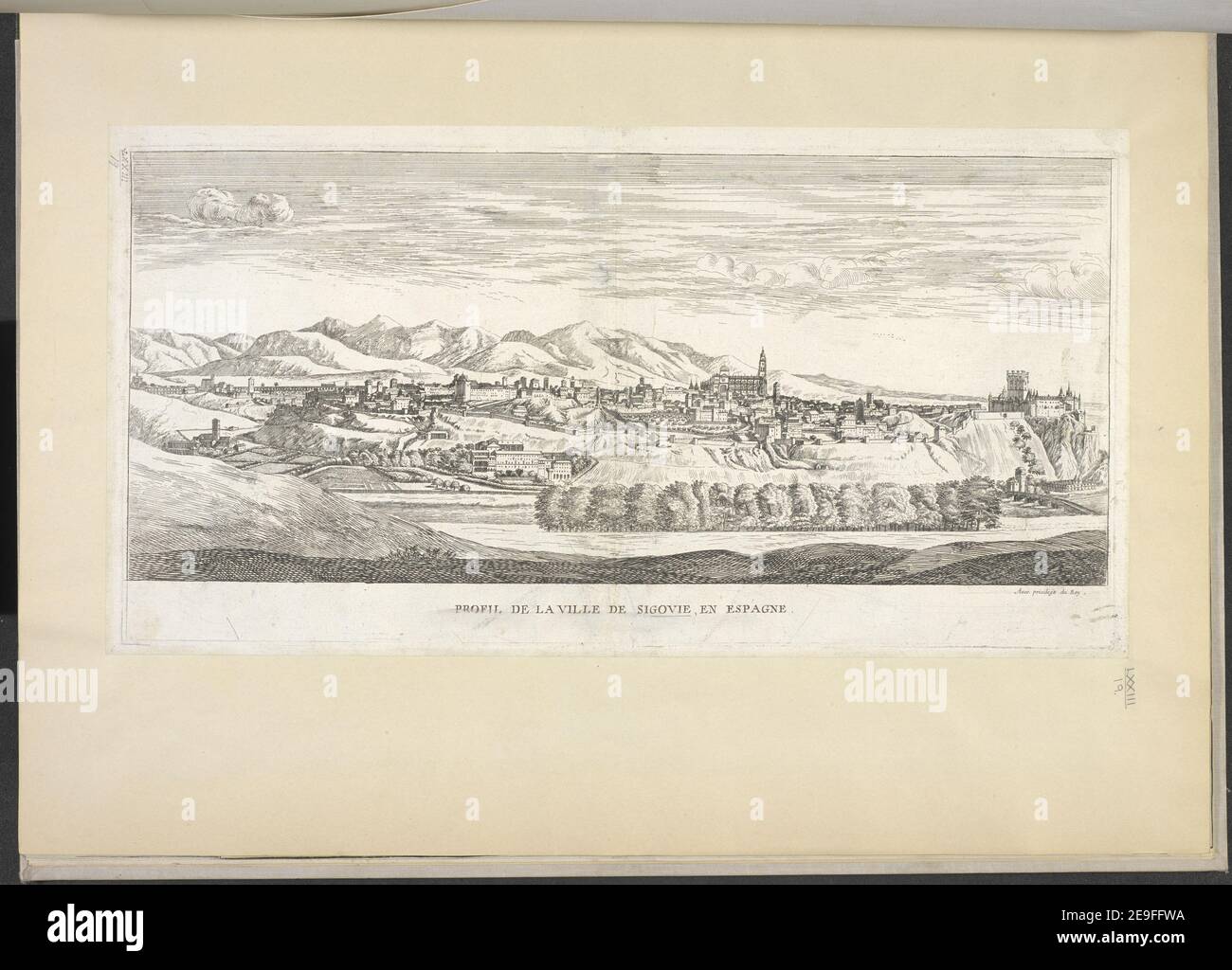 PROFIL DE LA VILLE DE SIGOVIE, EN ESPAGNE. Autore Meunier, Louis 73.19. Luogo di pubblicazione: [Paris] Editore: [Editore non identificato] Data di pubblicazione: [Circa 1665] tipo di articolo: 1 stampa mezzo: Incisione dimensioni: Platemark 28.1 x 56 cm, su foglio 29.9 x 57.8 cm ex proprietario: George III, Re di Gran Bretagna, 1738-1820 Foto Stock