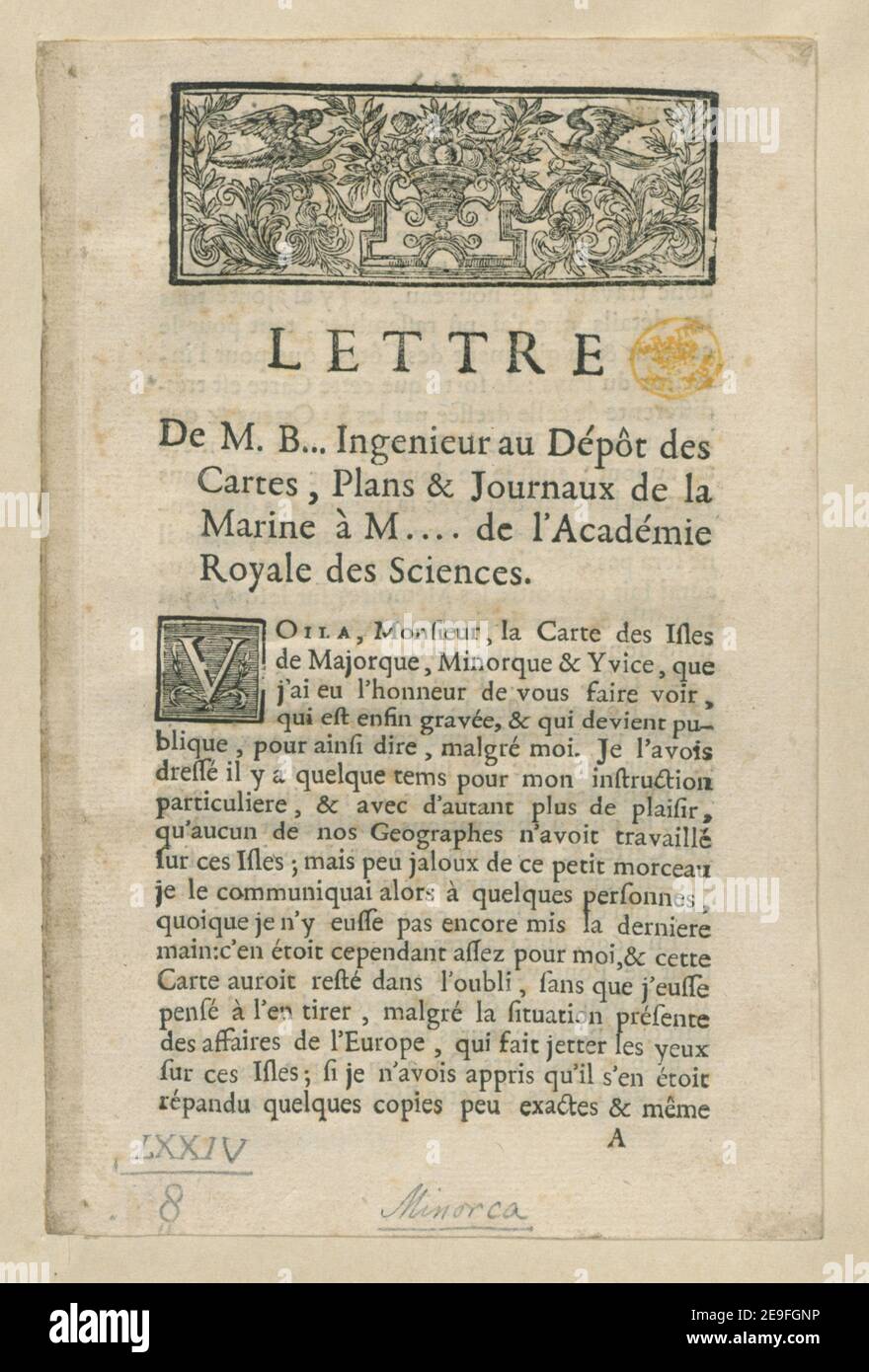 LETTRE DE M. B... Ingenieur au DeÃÅpoÃÇt des Cartes, Plans & Journaux de la Marine aÃÄ M... De l'AcadeÃÅmie Royale des Sciences. Autore Bellin, Jacques Nicolas 74.8.2. Luogo di pubblicazione: [Parigi] Editore: [Jacques Nicolas Bellin] Data di pubblicazione: [Circa 1740.] Tipo di articolo: 1 opuscolo ((8) pagine) dimensioni: 17 x 11 cm ex proprietario: Giorgio III, Re di Gran Bretagna, 1738-1820 Foto Stock