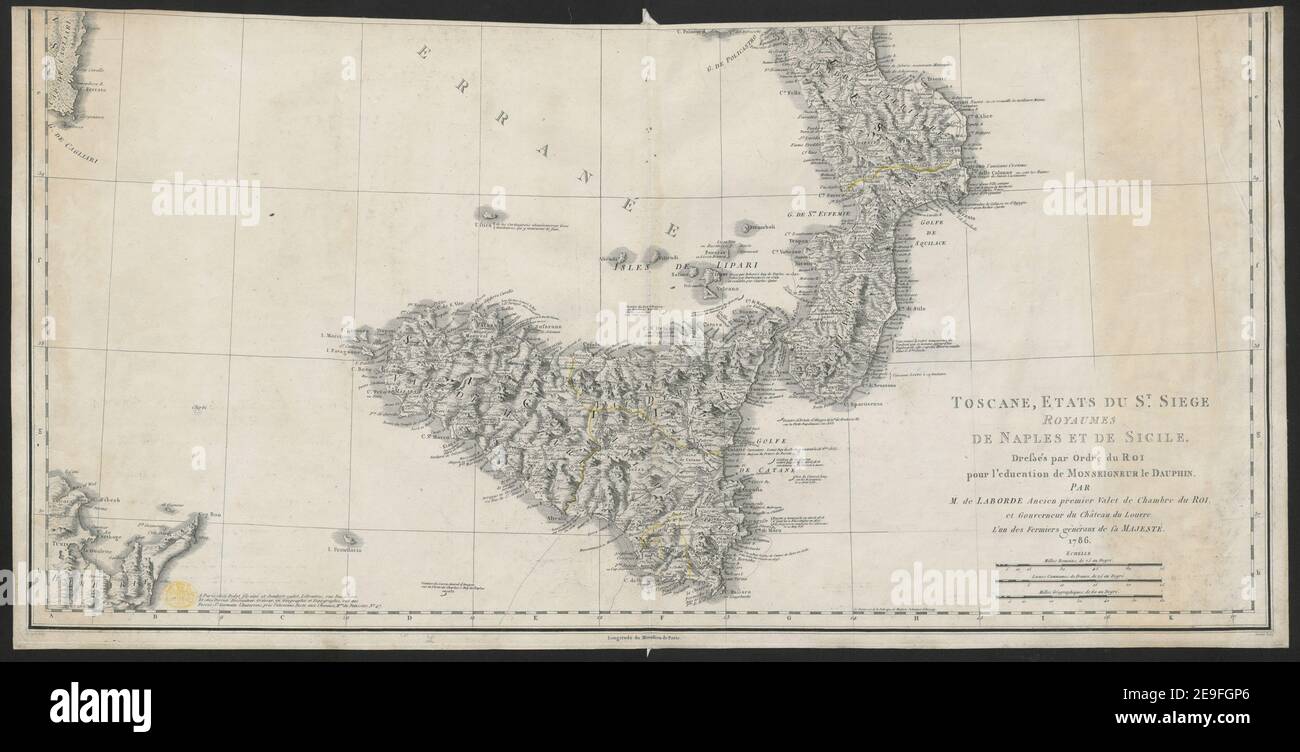 TOSCANE, ETATS DU ST. ASSEDIO ROYAUMES DE NAPLES ET DE SICILE. Dre√üeÃÅe par Ordre du ROI pour l'Education de MONSEIGNEUR DAUPHIN. Autore Laborde, Jean-Joseph 75.101. Luogo di pubblicazione: A Paris Editore: chez Didot fils aineÃÅ et Jombert cadet, Libraires, rue Dauphine. Et chez Perrier, Dessinateur, Graveur, en Geographie et Topographie, rue des FosseÃÅs S. Germain l'Auxerrais, preÃÄs l'ancienne poste aux Chevaux, Mon. Du Patissier, n. 47. Data di pubblicazione: [1786] tipo di articolo: 1 mappa mezzo: Incisione a mano su due fogli congiunti dimensioni Foto Stock