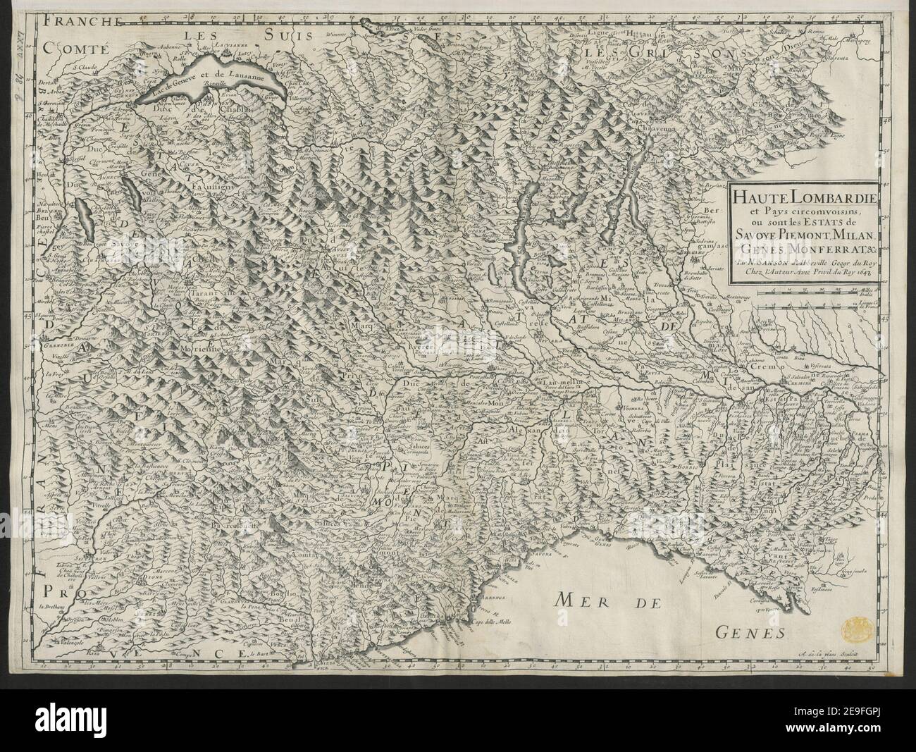 HAUTE LOMBARDIE et Pays circonvoisins, ou sont les ESTATS de SAVOYE, PIEMONT, MILANO, GENES, MONFERRAT &c. Autore Sanson, Nicolas 75.(78.)b. Luogo di pubblicazione: [Paris] Editore: [Nicolas Sanson] Data di pubblicazione: [1648] tipo articolo: 1 mappa supporto: Incisione su copperplate dimensioni: 57.5 x 40.9 cm ex proprietario: George III, Re di Gran Bretagna, 1738-1820 Foto Stock