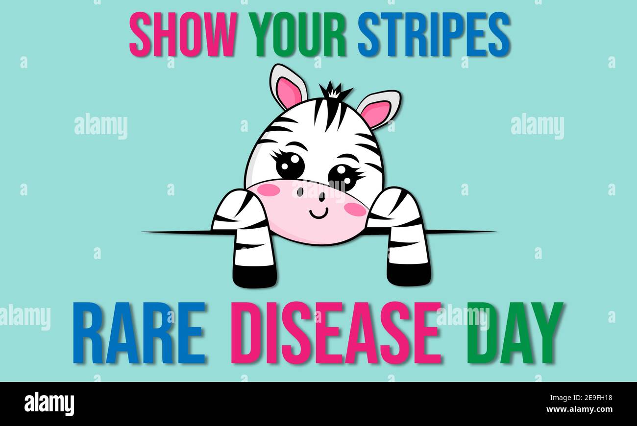 Poster o banner del giorno delle malattie rare. Zebra cartoon come simbolo di unicità e malattie rare. Illustrazione Vettoriale