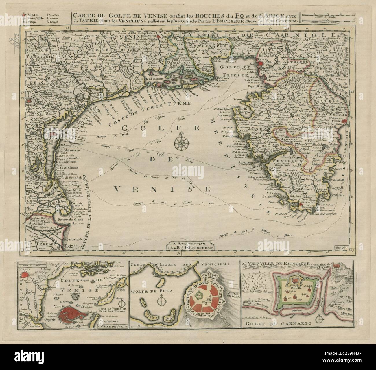 CARTE DU GOLFE DE VENISE ou sont les BOUCHES du PO et de l'ADIGE avec l'ISTRIE dont les VENITIENS possedent la Plus Grande Partie l'EMPEREUR. Dresse par F. DE CANTELLI. Informazioni sulla mappa: CARTE DU GOLFE DE VENISE ou sont les BOUCHES du PO et de l'ADIGE avec l'ISTRIE dont les VENITIENS possedent la Plus Grande partie l'EMPEREUR. Dresse par F. DE CANTELLI. 75.67. Luogo di pubblicazione: A AMSTERDAM Editore: Chez R , i OTTENS Geog. Data di pubblicazione: [Tra il 1726 e il 50] tipo di articolo: 1 mappa mezzo: Incisione a mano su copperplate dimensioni: 26.9 x 39. Foto Stock