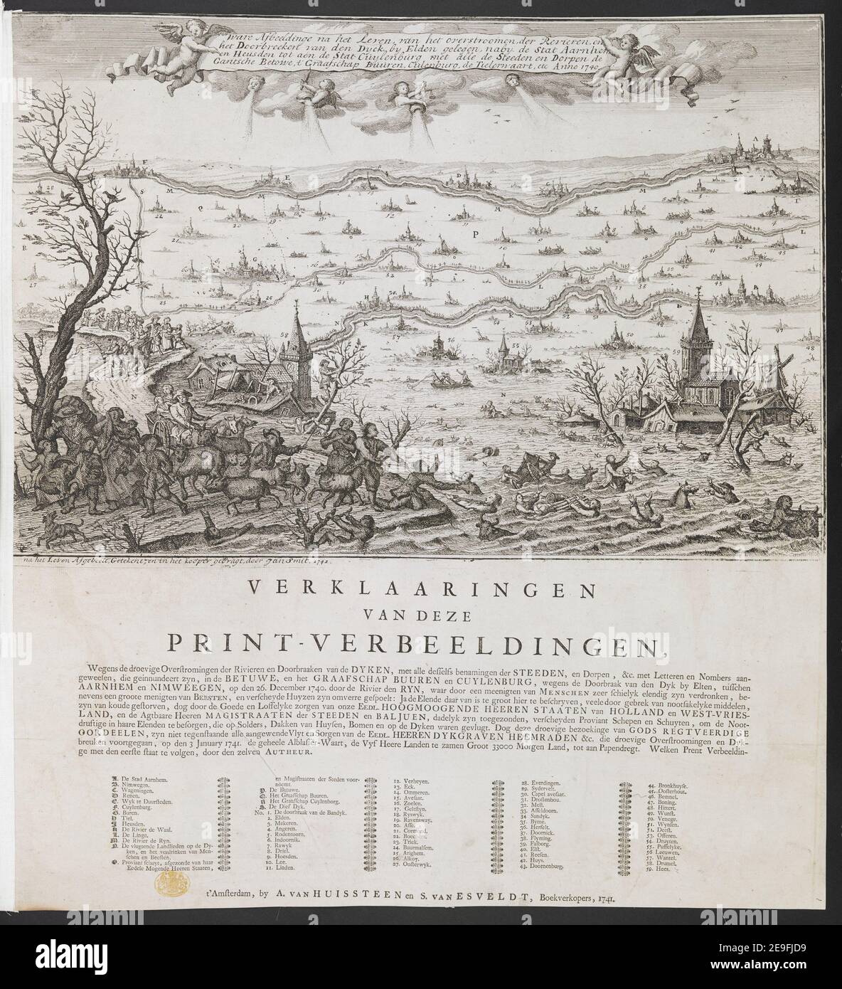 Ware Afbeeldinge na het Leven, van het overstroomen der Revieren, en het Doorbreeken van den Dyck, di Elden gelegen, naby de Stat Aarnhem en Heusden tot aen de Stat Cuylenburg, met alle de Steeden en en Dompen de Gant autore Smit, Jan 108.(64.) Luogo di pubblicazione: [Amsterdam] t'Amsterdam Editore: A. VAN HUISSTEEN en S. VAN ESVELDT, Boekverkopers, 1741. Tipo di articolo: 1 stampa mezzo: Incisione e stampa letterale dimensioni: Foglio 55.5 x 51.0 cm [rifilato all'interno del platemark] ex proprietario: George III, Re di Gran Bretagna, 1738-1820 Foto Stock