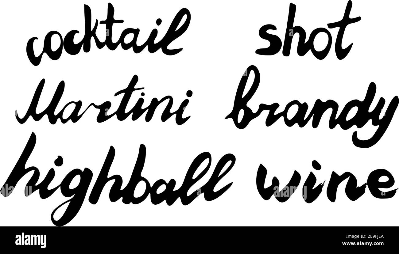 Cocktail vettoriale, martini, shot, brandy, highball e calligrafia wine handwriting. Buon uso per logotipo, simbolo, etichetta di copertina, prodotto, titolo del poster Illustrazione Vettoriale
