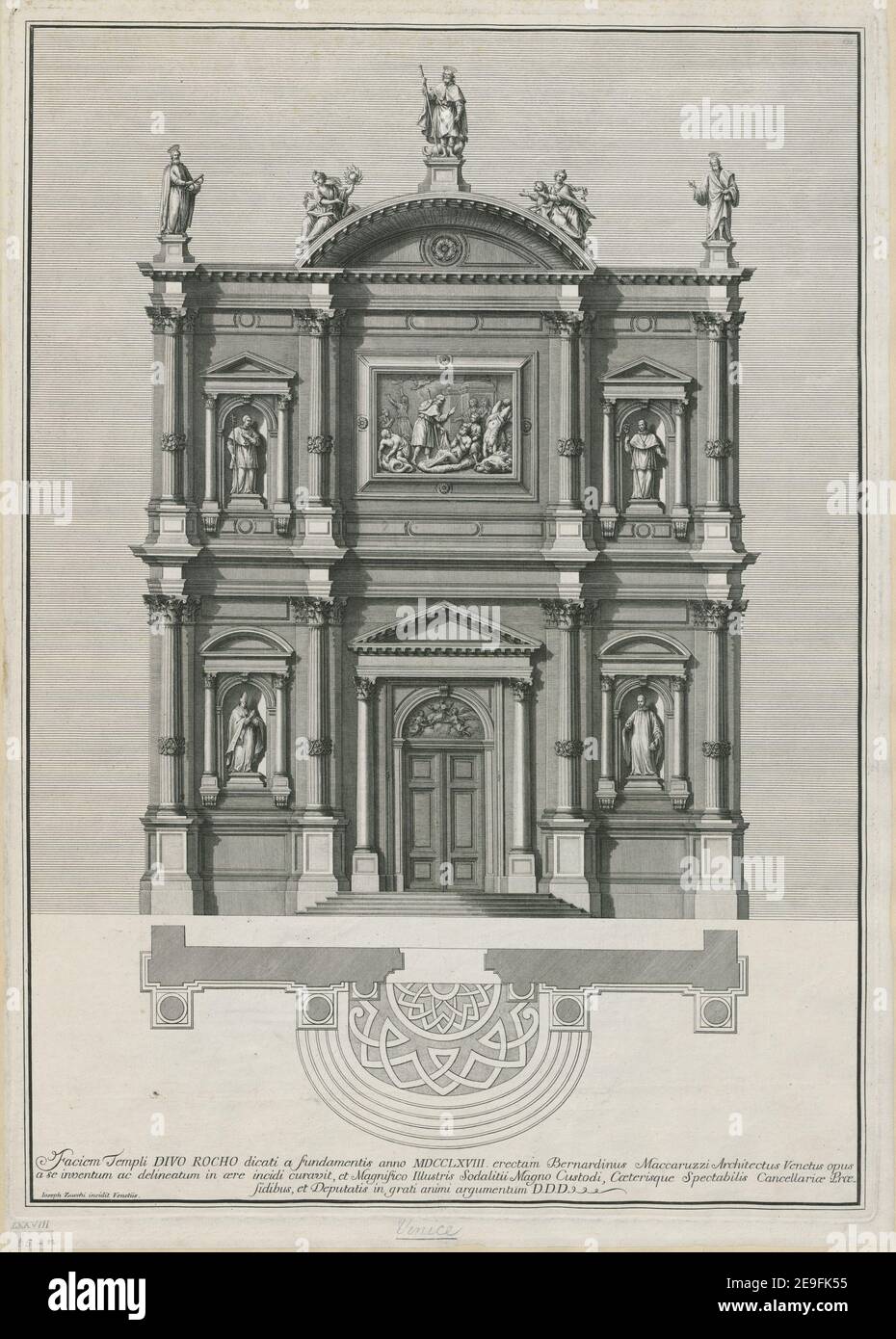 Faciem Templi DIVO ROCHO dicati a fondentis anno MDCCLXVIII erectam Bernardinus Maccaruzzi Architectus Venetus opus a se inventum ac delineatum in oere incidi curavit, et magnifico Illustris Sodalitii Magno Cuso autore Zucchi, Giuseppe 78.65.n. Luogo di pubblicazione: [Venezia] Editore: [Editore non identificato] Data di pubblicazione: [1768] tipo di articolo: 1 stampa mezzo: Incisione dimensioni: Platemark 55.2 x 39.8 cm, su foglio 57 x 40.8 cm ex proprietario: Giorgio III, Re di Gran Bretagna, 1738-1820 Foto Stock